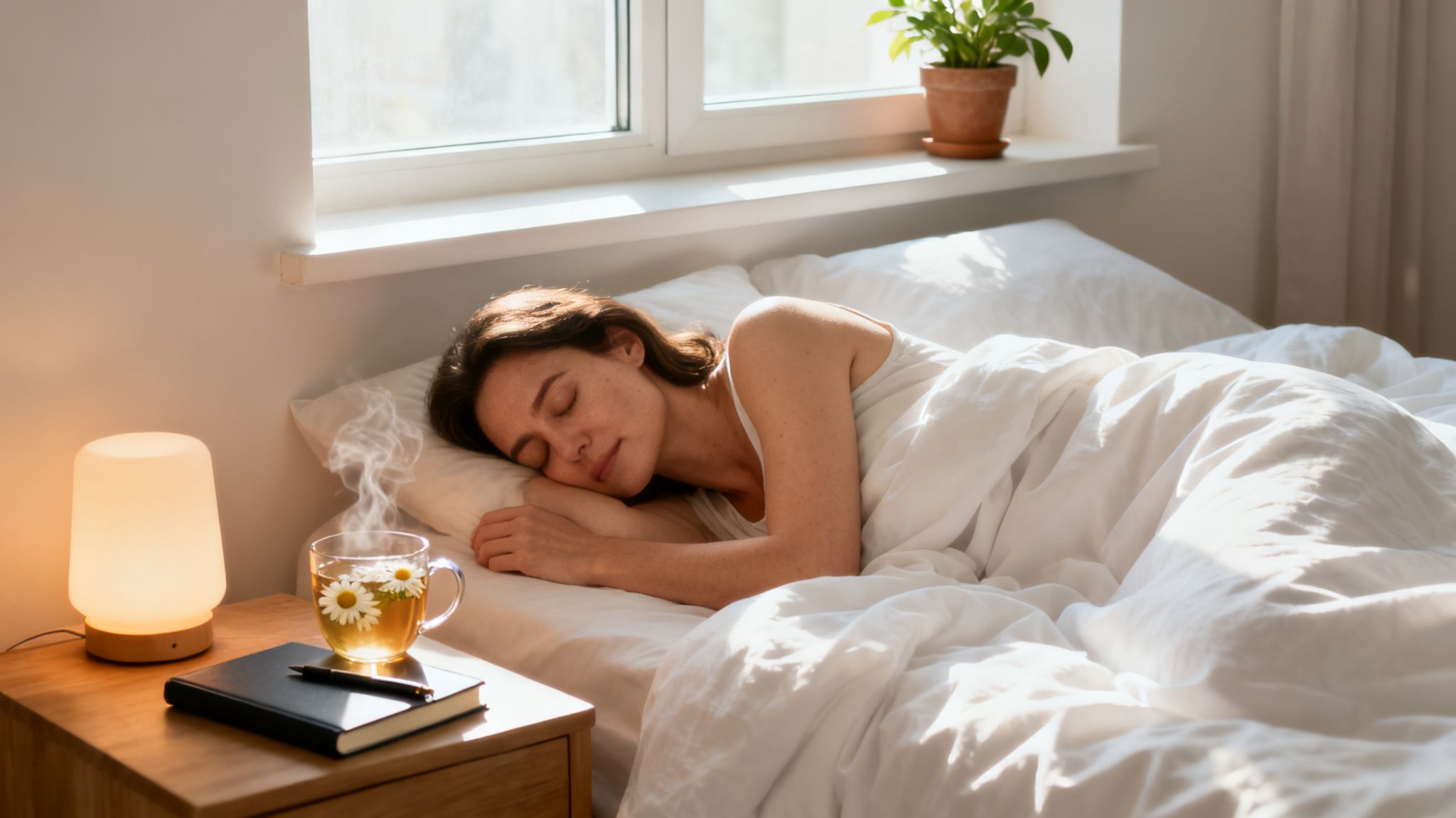 A woman sleeps soundly in bed next to a steaming cup of chamomile tea and a warm lamp.