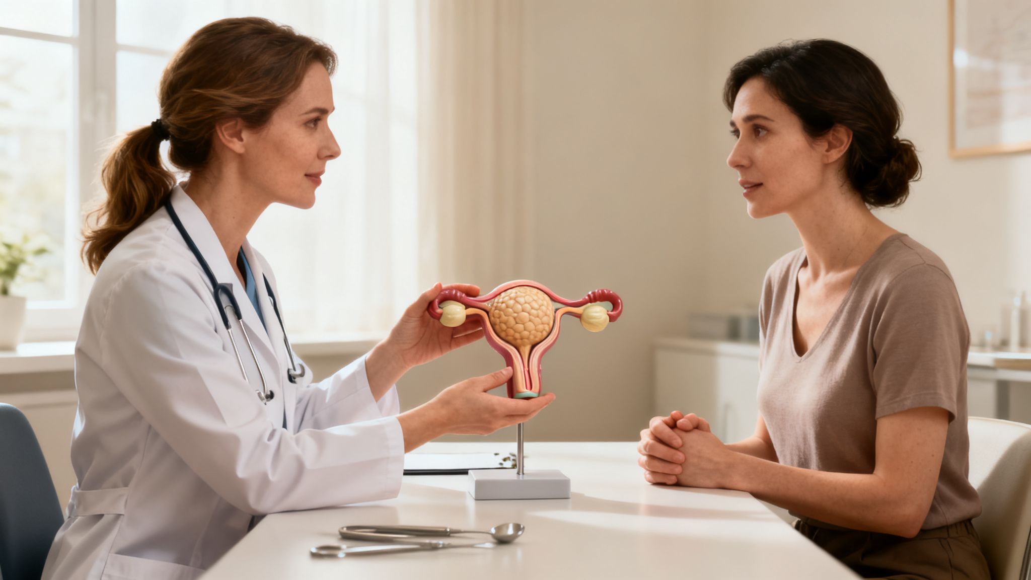 A female doctor explains a uterus model to a patient during a gynecological consultation.
