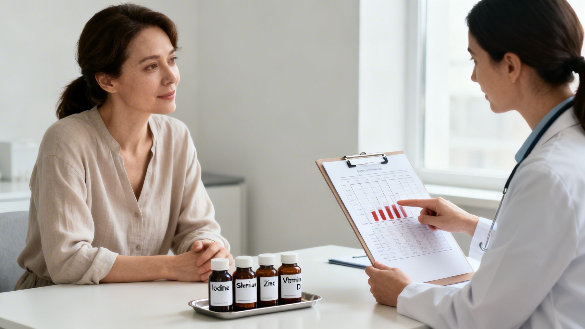 Female doctor discusses health chart and supplements like iodine, selenium, zinc, vitamin D with a patient.