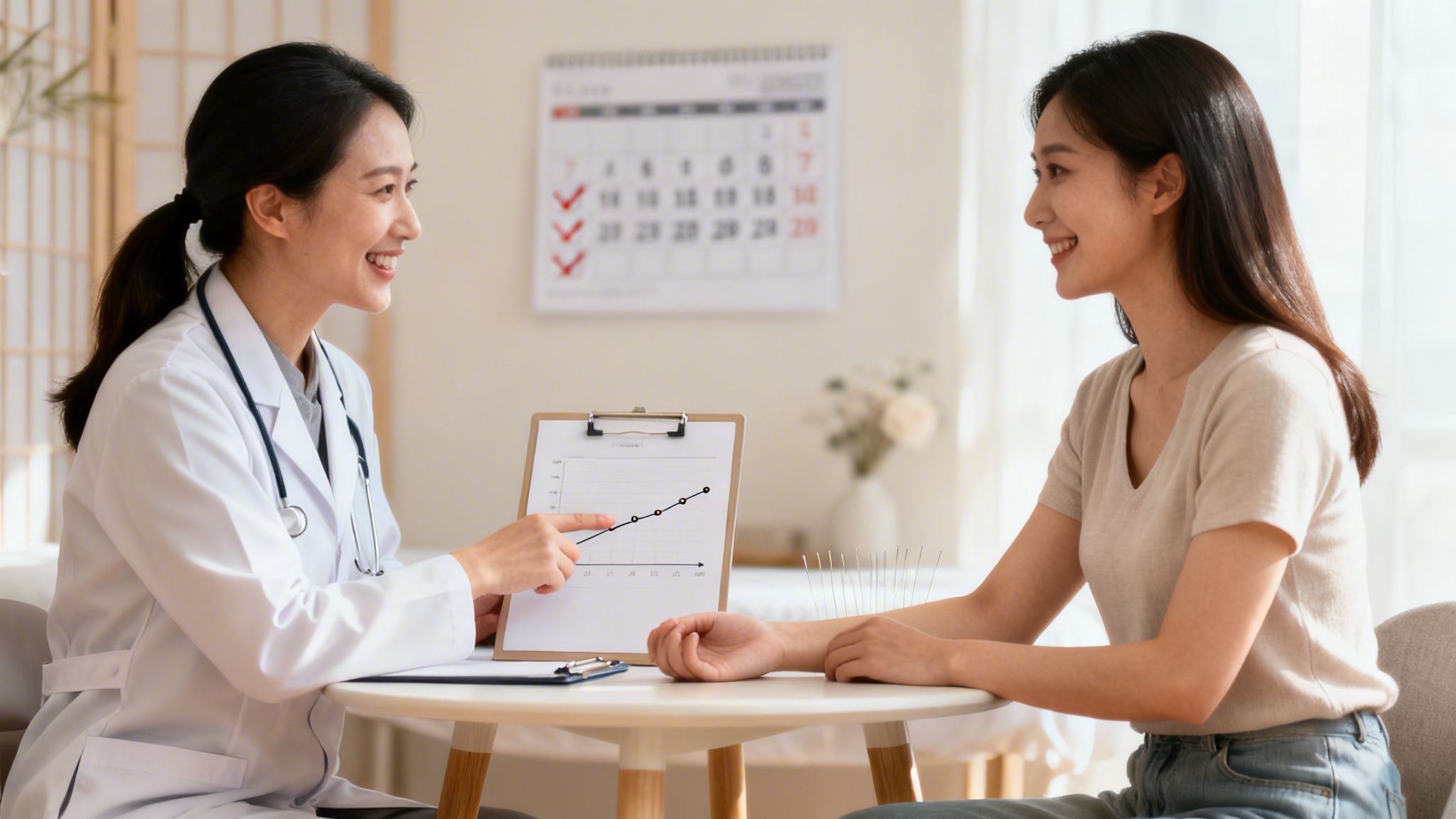A smiling female doctor explains a chart to a patient during an acupuncture session.