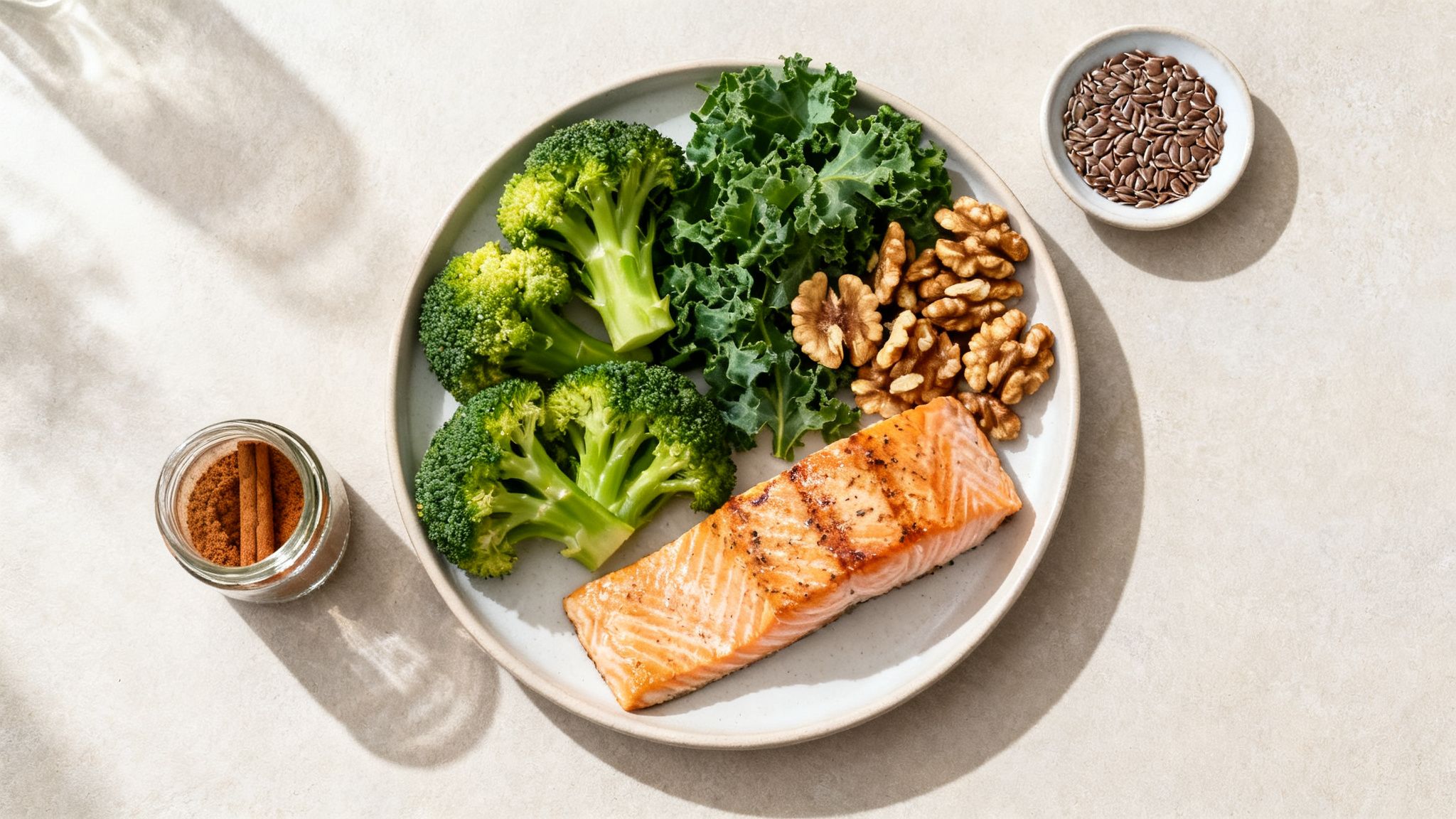 An overhead shot of a healthy meal with grilled salmon, broccoli, kale, walnuts, flaxseeds, and cinnamon.