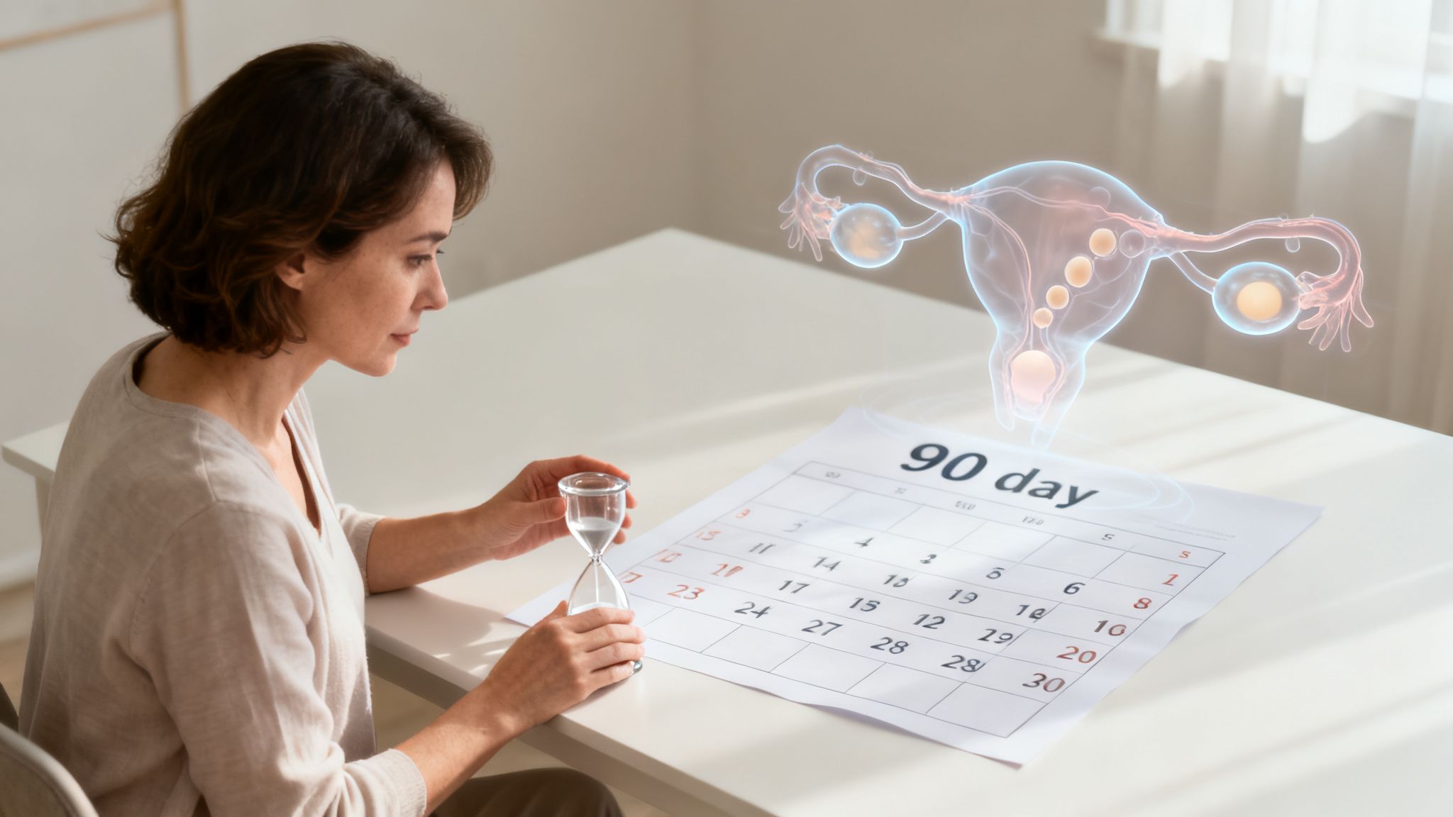 A woman holds an hourglass, looking at a 90-day calendar and a holographic representation of the female reproductive system.