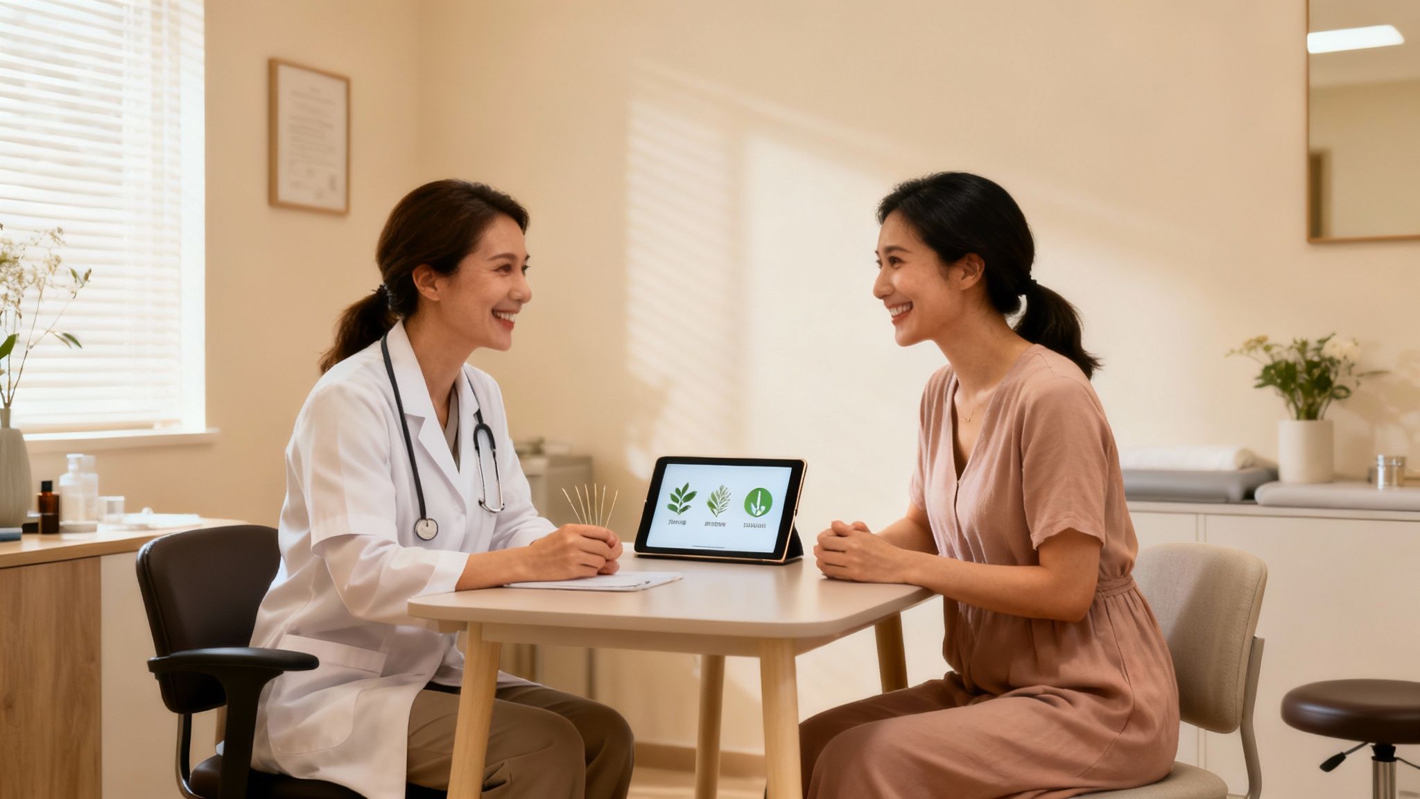 Smiling doctor and patient discuss natural health and acupuncture during a friendly consultation.