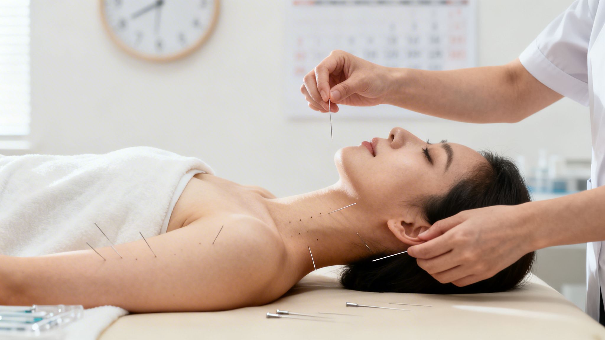 A female practitioner performs acupuncture on a woman's neck and arm for holistic treatment.