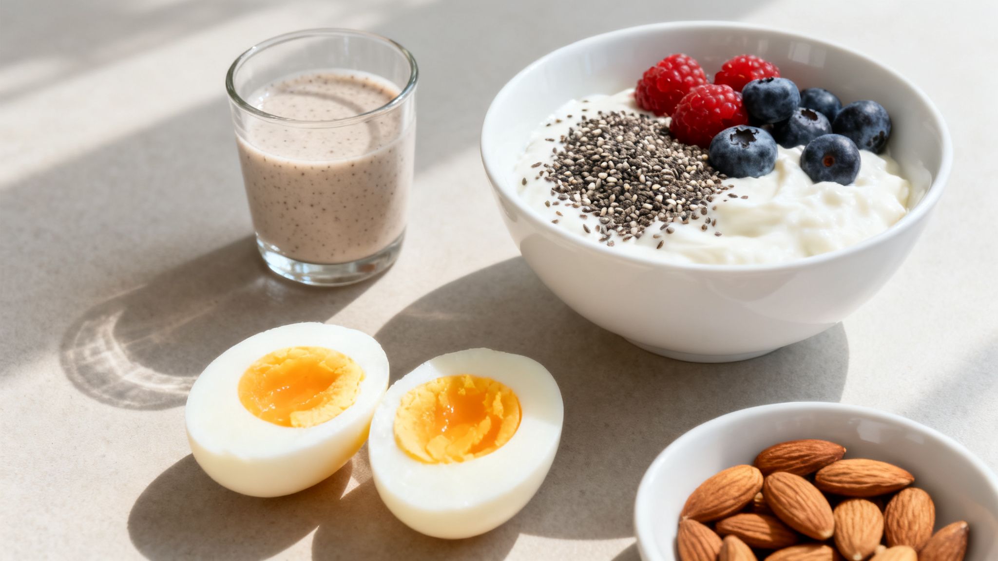A healthy breakfast featuring yogurt with berries and chia seeds, soft-boiled eggs, almonds, and a smoothie.