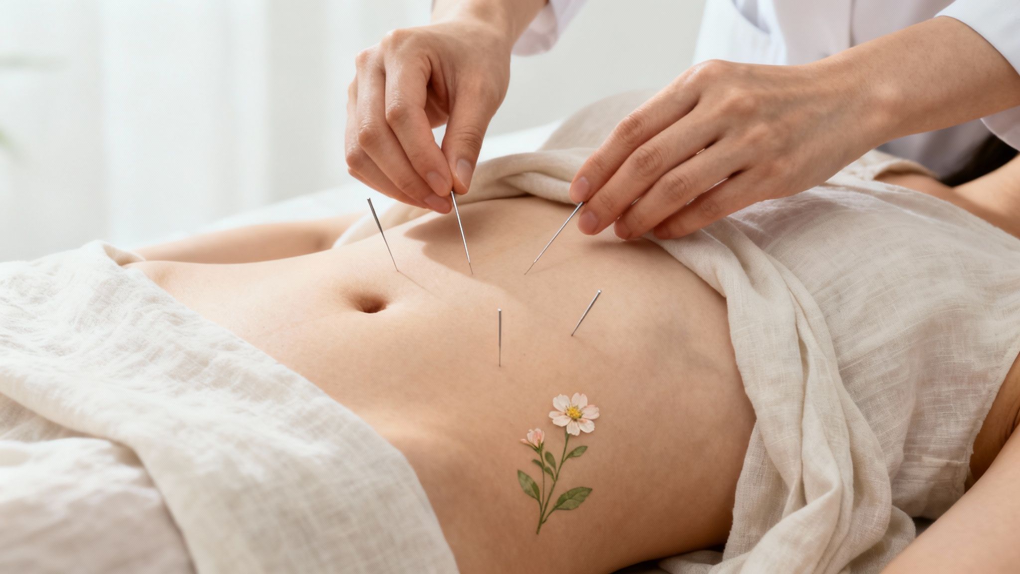 Close-up of a person receiving acupuncture on their abdomen from a practitioner.