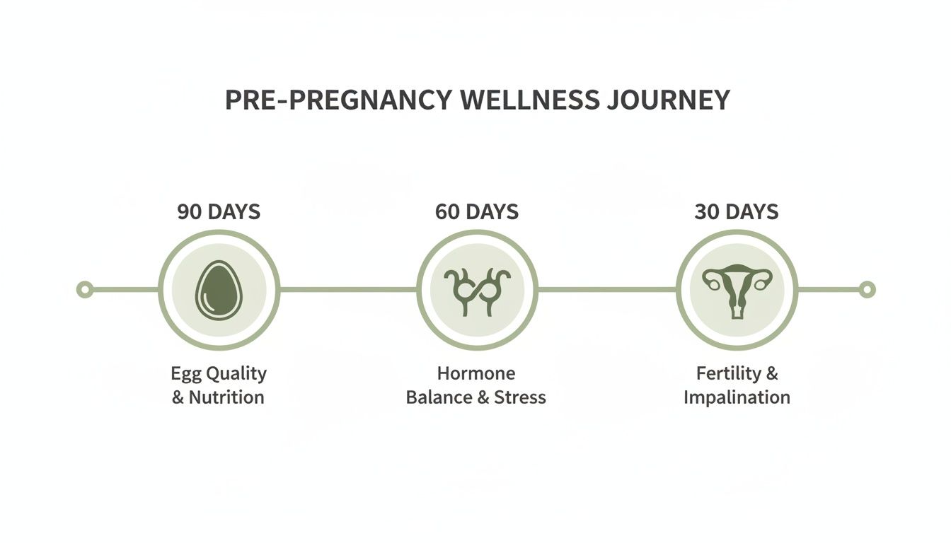 Pre-pregnancy wellness journey timeline showing stages for egg quality, hormone balance, and fertility preparation.