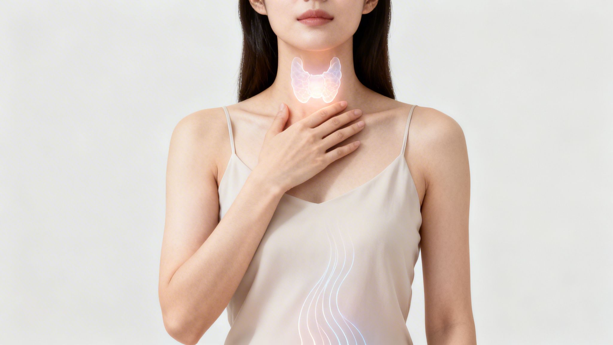 A woman holding her neck, with a glowing thyroid and internal organs highlighted, representing health.