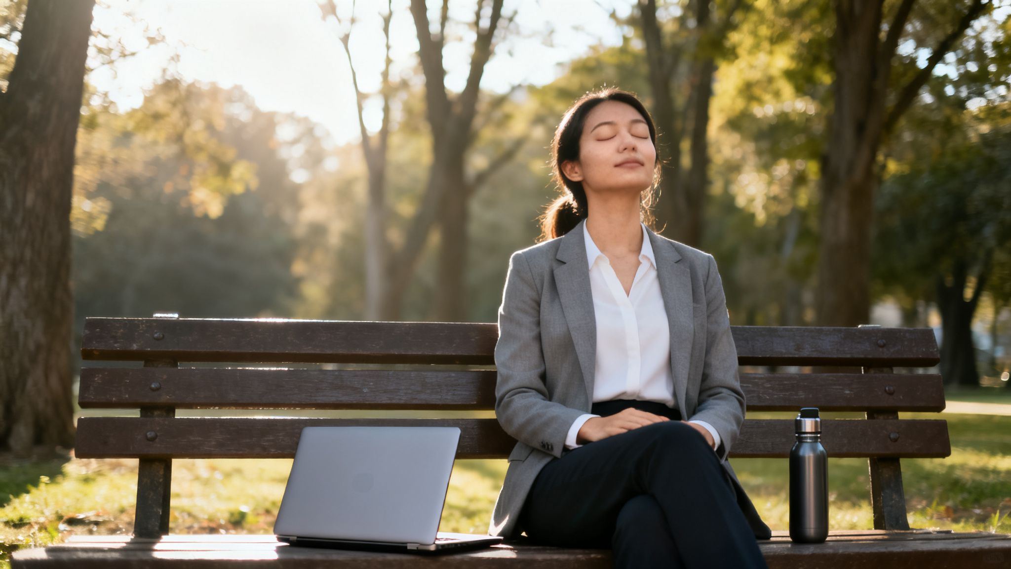A businesswoman meditating on a park bench, enjoying a moment of relaxation amidst nature.