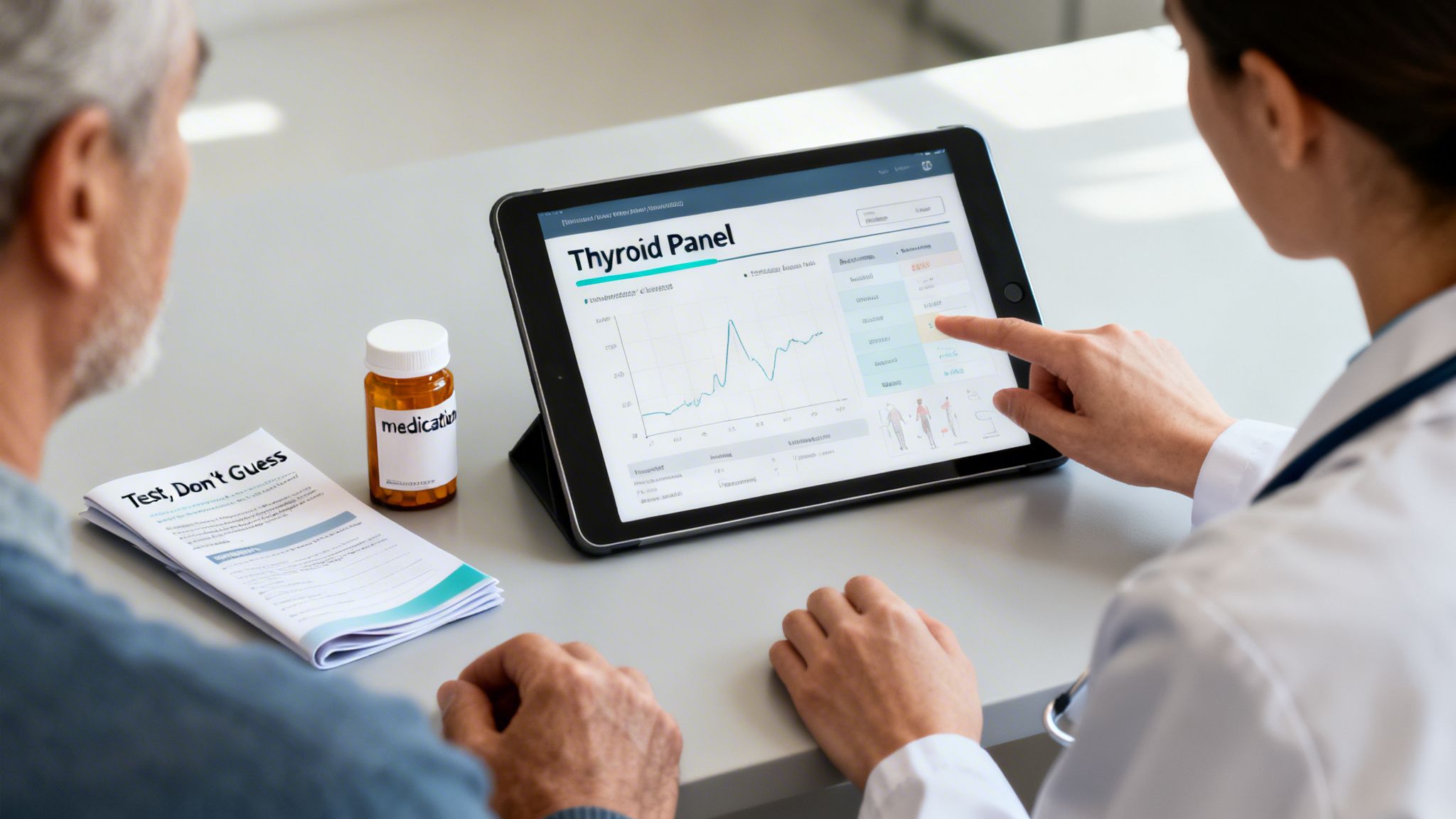 Doctor and patient review thyroid panel results on a tablet, with medication and a pamphlet.