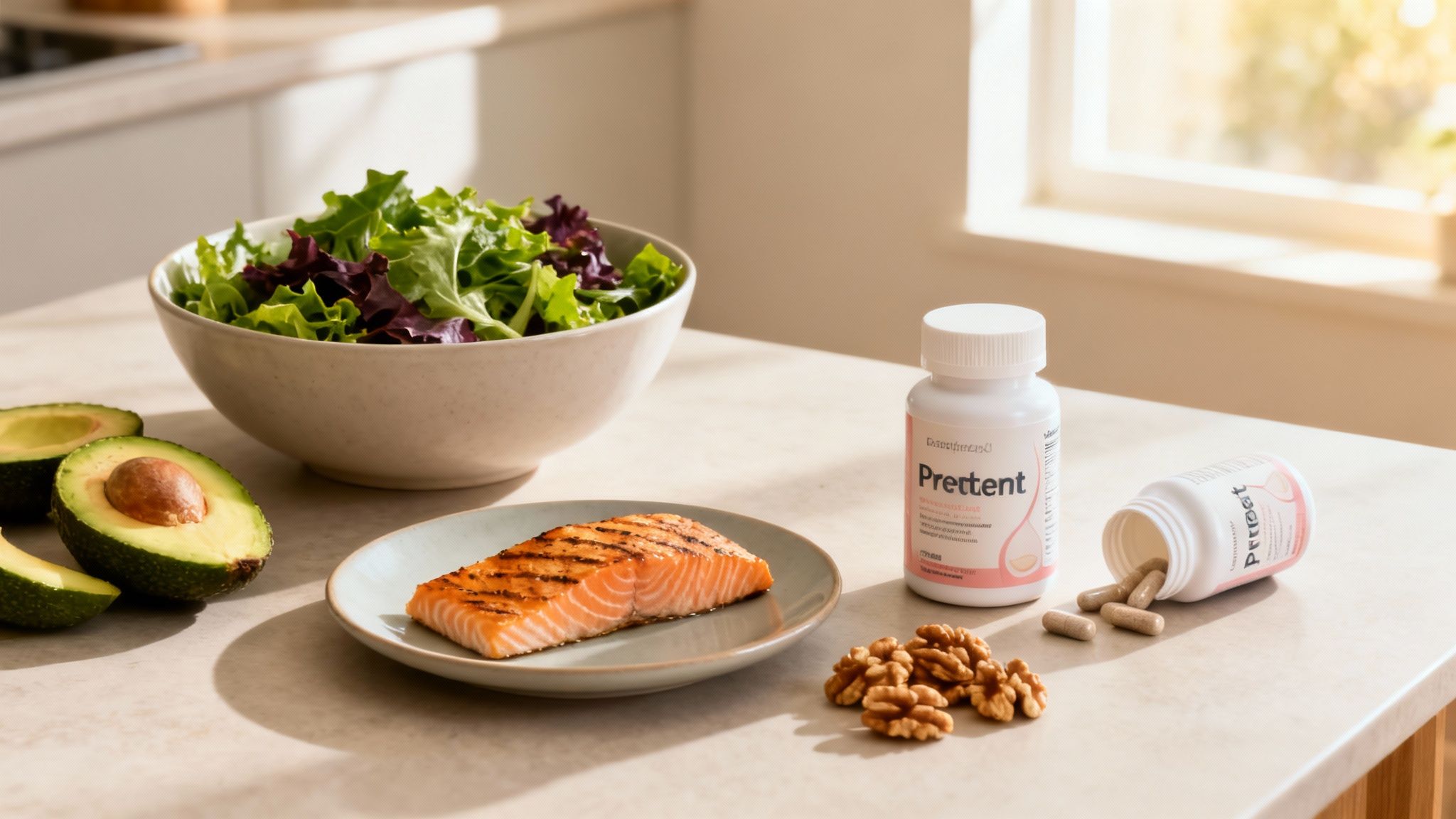 A healthy meal with grilled salmon, avocado, salad, walnuts, and Prettent supplements on a kitchen counter.