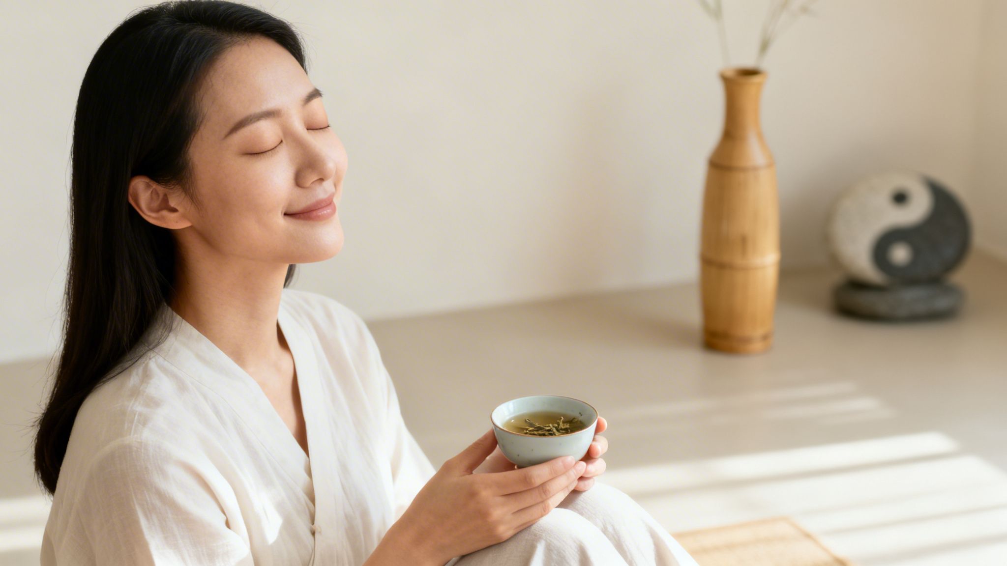 A serene East Asian woman with closed eyes smiles, holding a tea cup, with a Yin Yang symbol in the background.