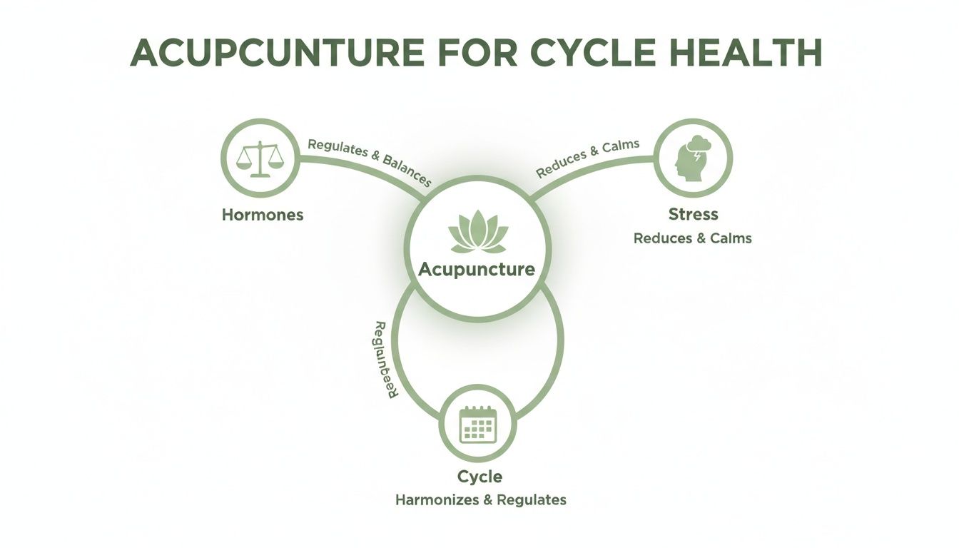 Infographic showing how acupuncture benefits cycle health by regulating hormones, reducing stress, and harmonizing cycles.