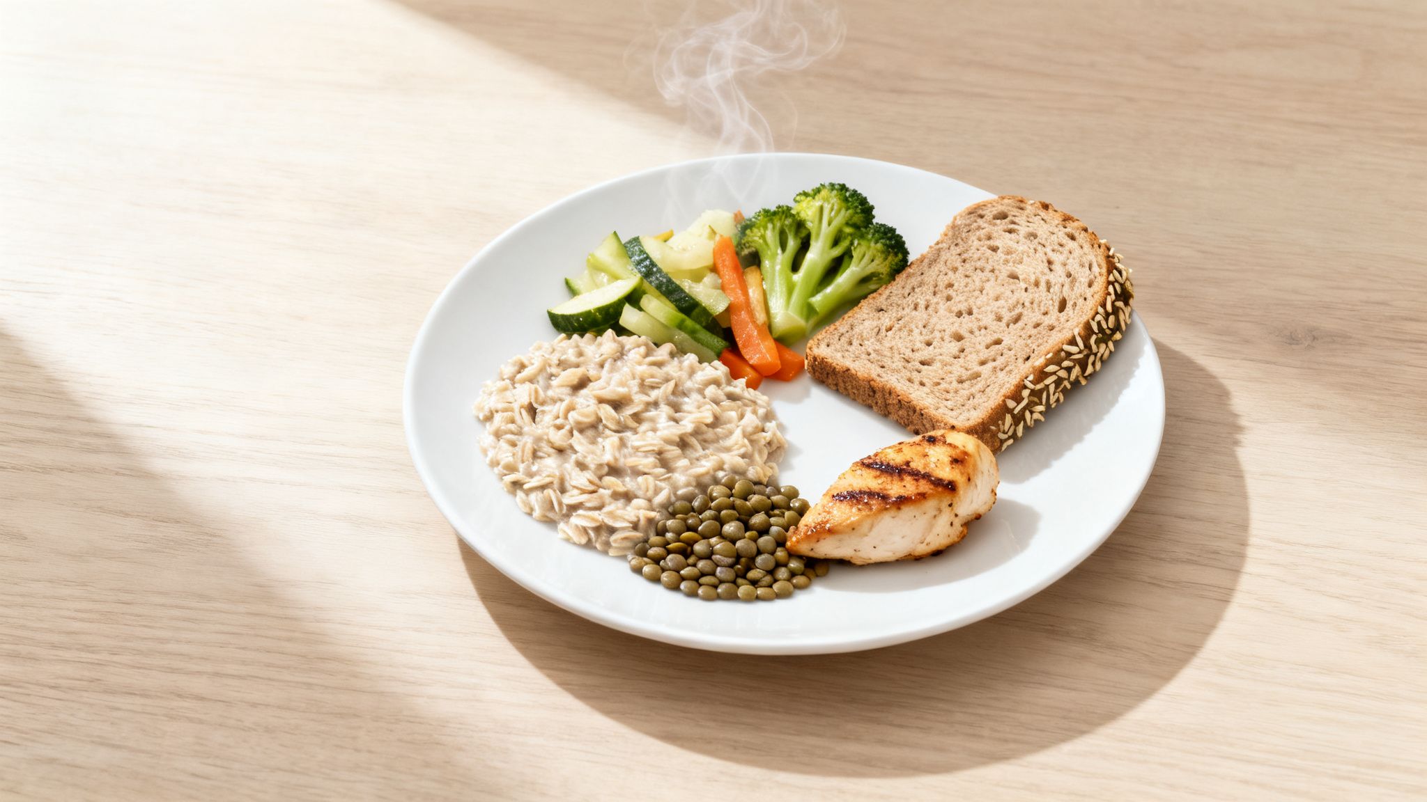 Steaming healthy meal with grilled chicken, oatmeal, lentils, steamed vegetables, and whole-grain bread.