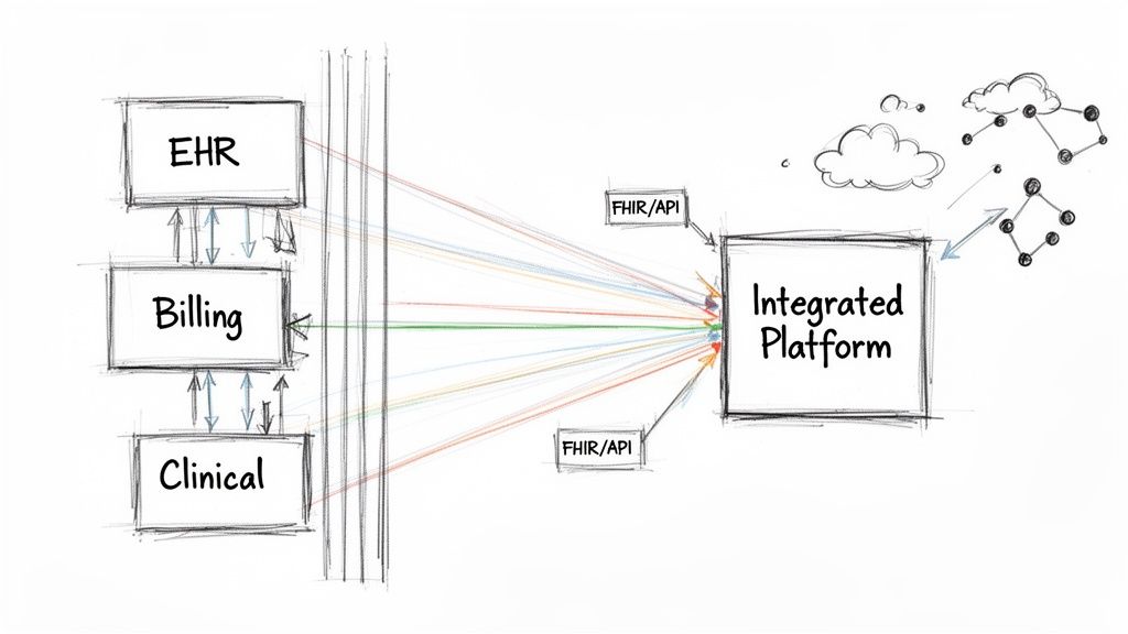 Healthcare system integration diagram: EHR, Billing, Clinical data flows into an Integrated Platform via FHIR/API.