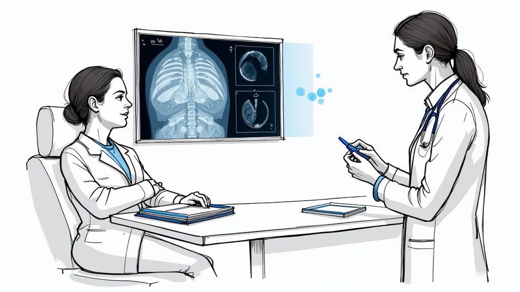 A medical professional analyzing an MRI scan on a large screen, with AI-highlighted areas indicating potential anomalies.