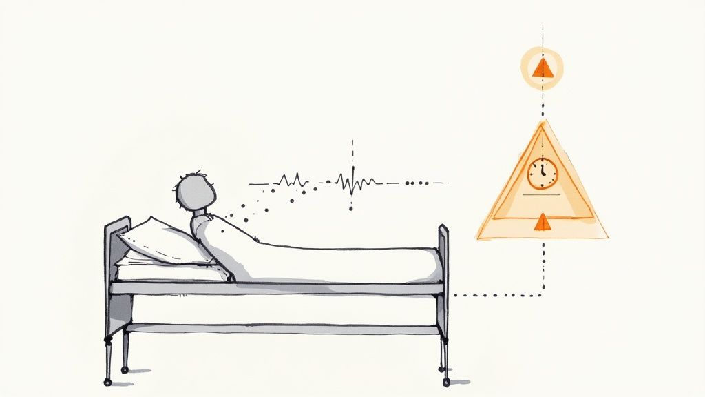 Illustration of a patient in a hospital bed, with vital signs being monitored by an AI-powered clinical decision system.
