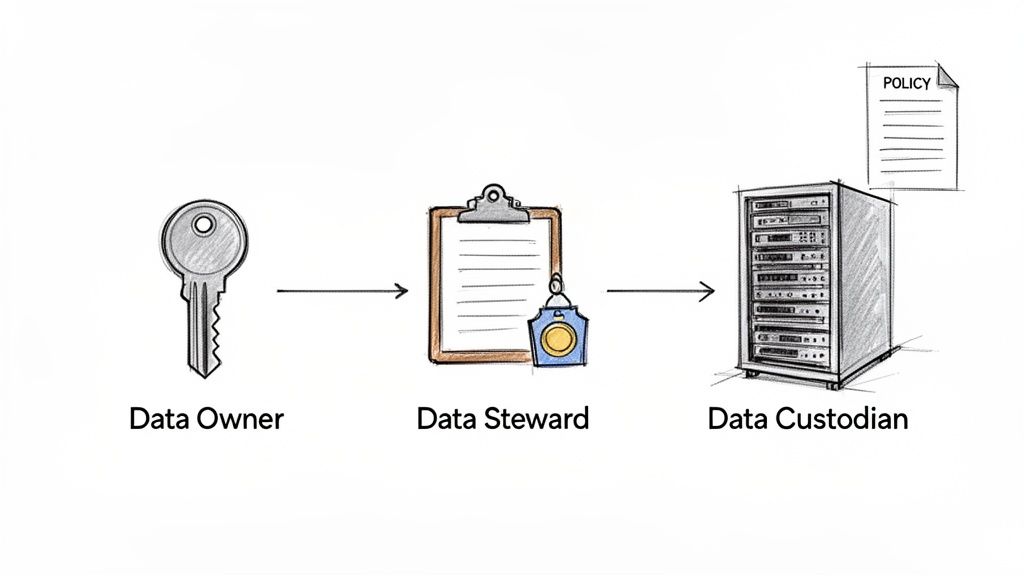 Conceptual diagram illustrating data owner, steward, and custodian roles in data management.