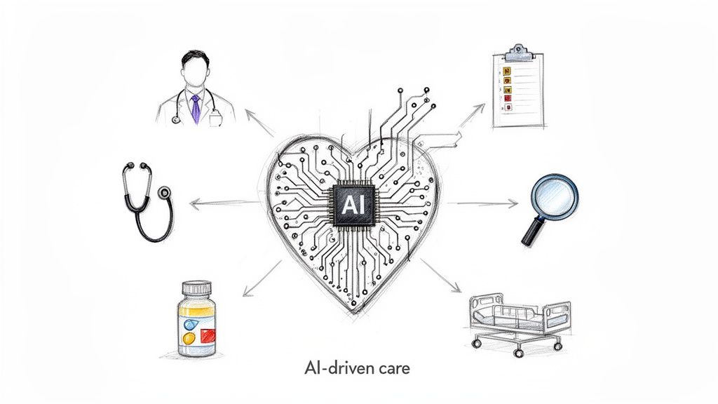 Diagram showing AI as the heart of healthcare, connecting doctors, medical tools, and patient care.