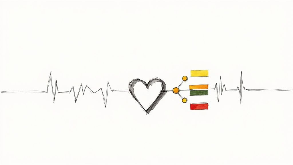 Hand-drawn ECG line with a heart symbol connected to a network of nodes and colored data bars, representing health monitoring.