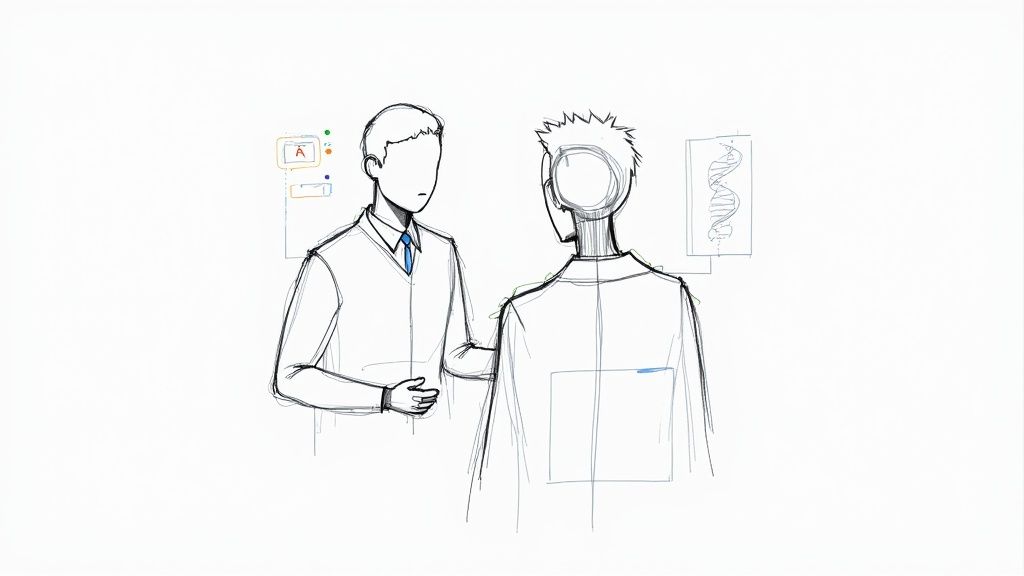 Two professionals discussing with floating scientific data like DNA and diagnostic symbols in a sketch.