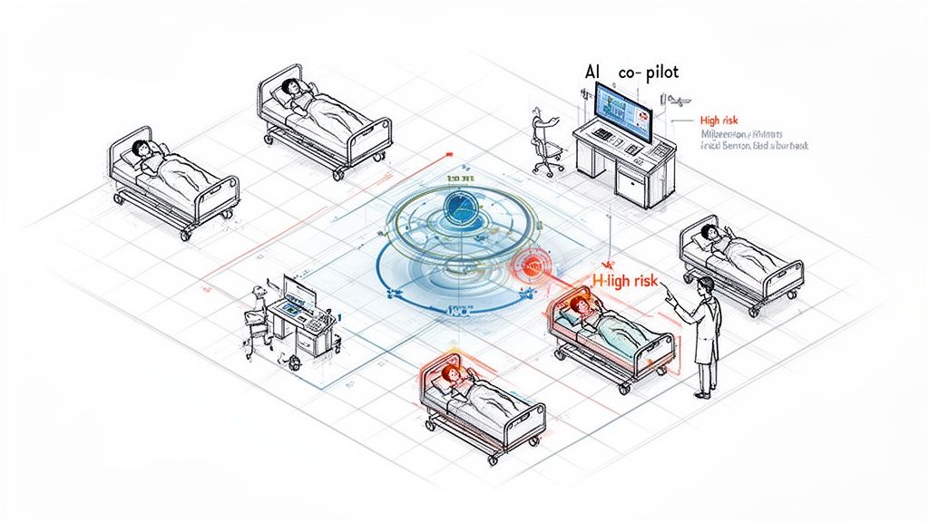 AI co-pilot system monitors multiple hospital patients, highlighting high-risk individuals for staff.