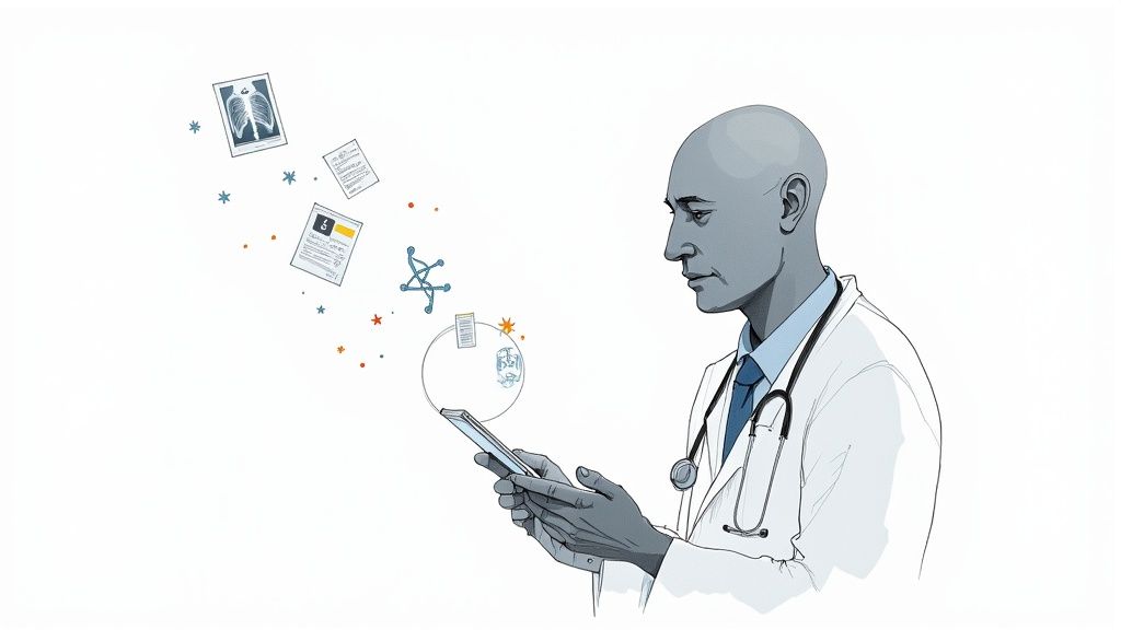 A doctor reviewing a brain scan on a large screen with AI overlays highlighting specific areas.