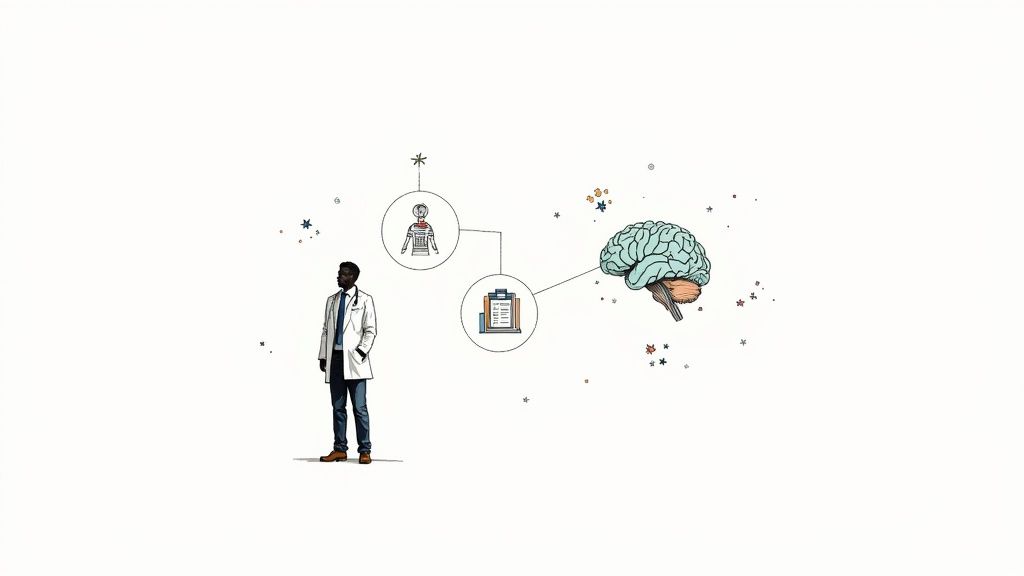 An illustration of a doctor, medical data icons, and a human brain, symbolizing AI in healthcare.