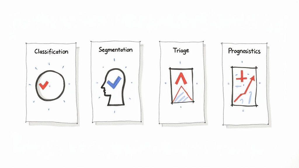 Four cards illustrate machine learning applications: Classification, Segmentation, Triage, and Prognostics.