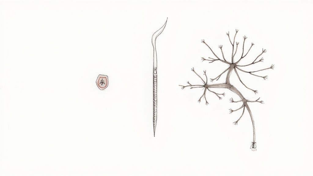 An illustration featuring a shield emblem, a tall textured object, and a branching structure with hand-like tips.