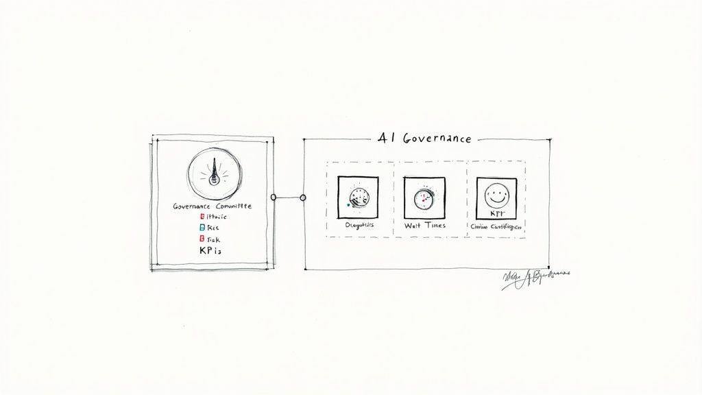 A dashboard showing various healthcare KPIs like patient wait times and diagnostic accuracy, illustrating the concept of measuring what matters.