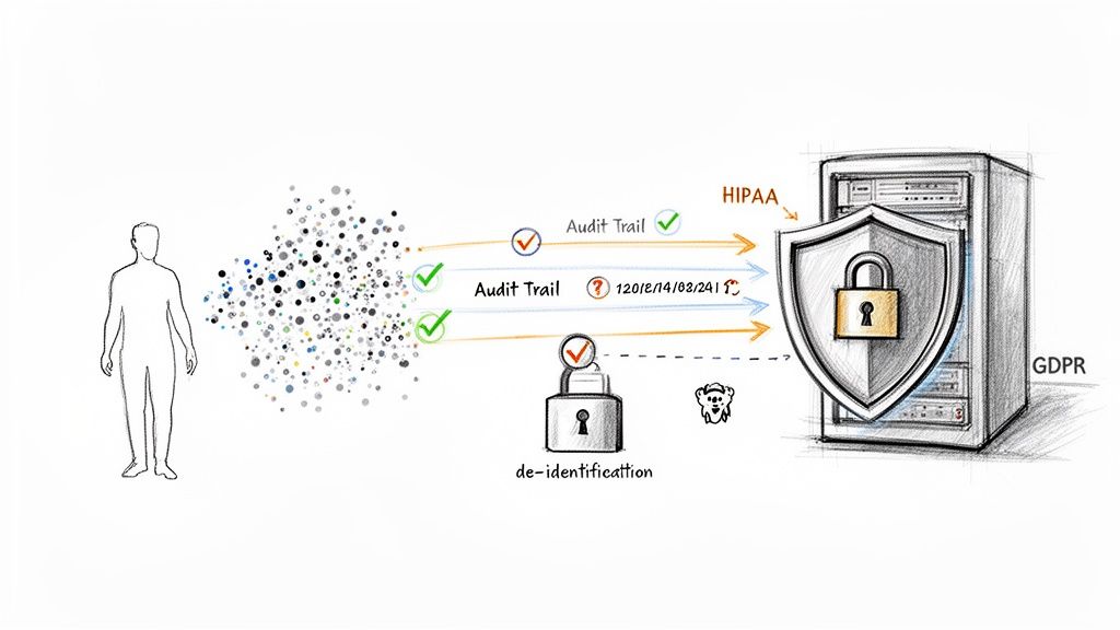 Diagram illustrating healthcare data de-identification, audit trails, and secure storage under HIPAA and GDPR compliance.