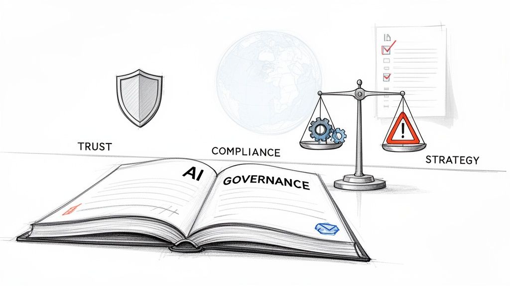 Illustration showing AI governance framework with trust, compliance, and strategy concepts, represented by a book, shield, globe, and scales.