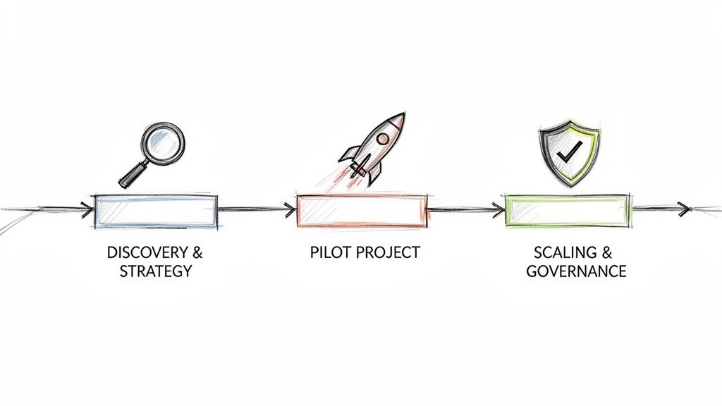 A three-stage process diagram with icons: Discovery & Strategy (magnifying glass), Pilot Project (rocket), and Scaling & Governance (shield).