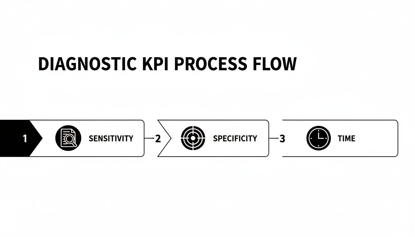 A diagnostic KPI process flow, highlighting key steps: sensitivity, specificity, and time.