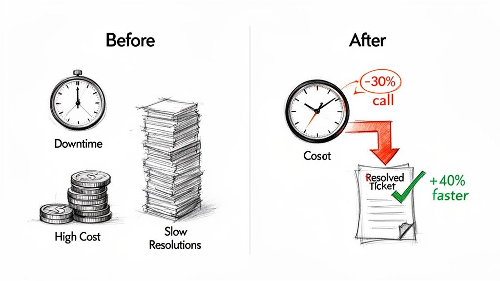 Before and after comparison illustrating business efficiency improvements, including reduced downtime and faster ticket resolution.