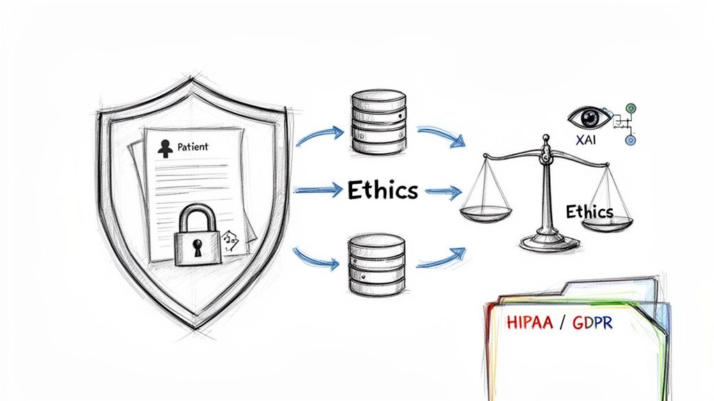 Diagram illustrating patient data privacy, ethical AI, and regulatory compliance like HIPAA/GDPR.