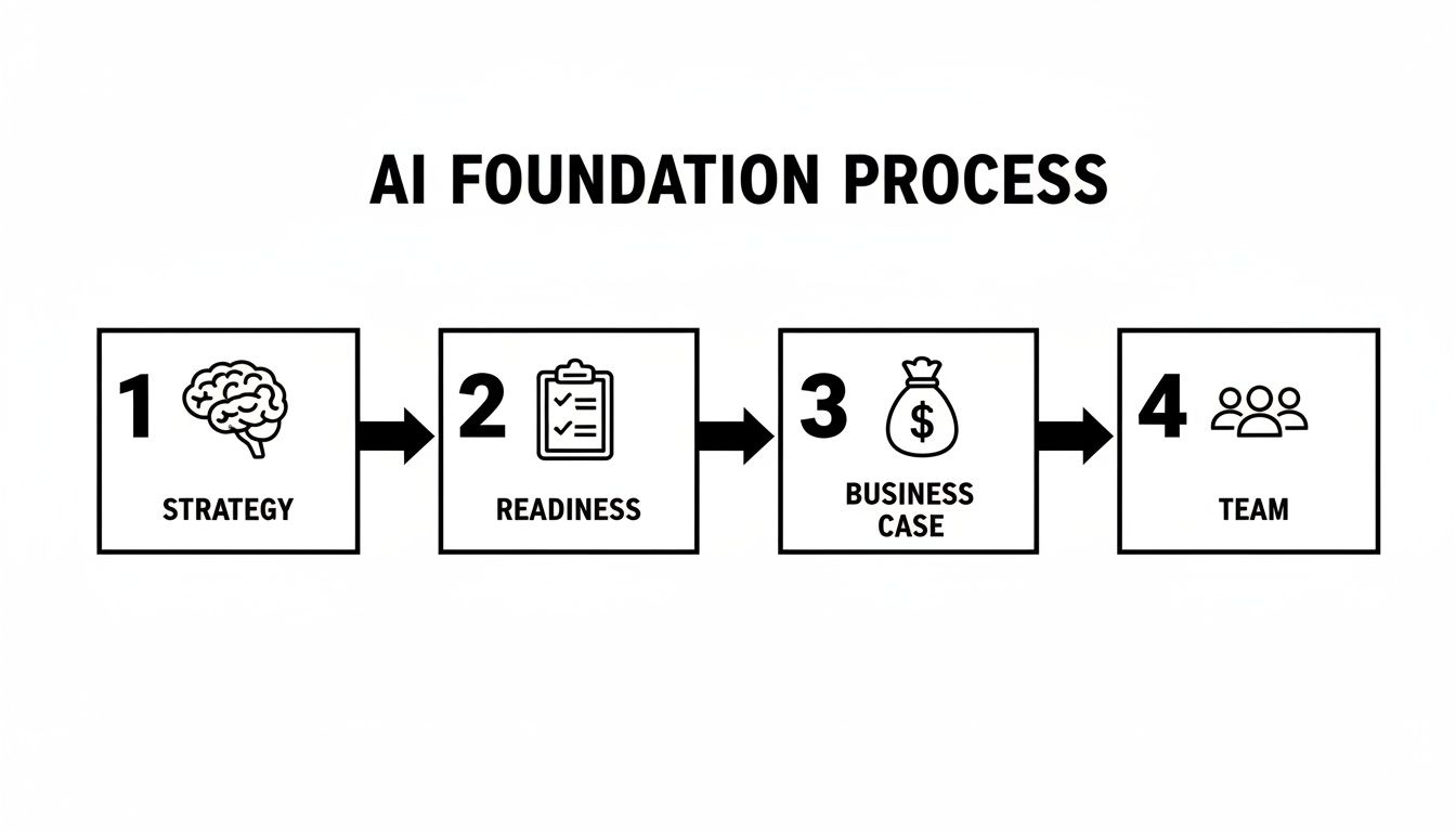 A diagram illustrating the four-step AI foundation process: strategy, readiness, business case, and team.