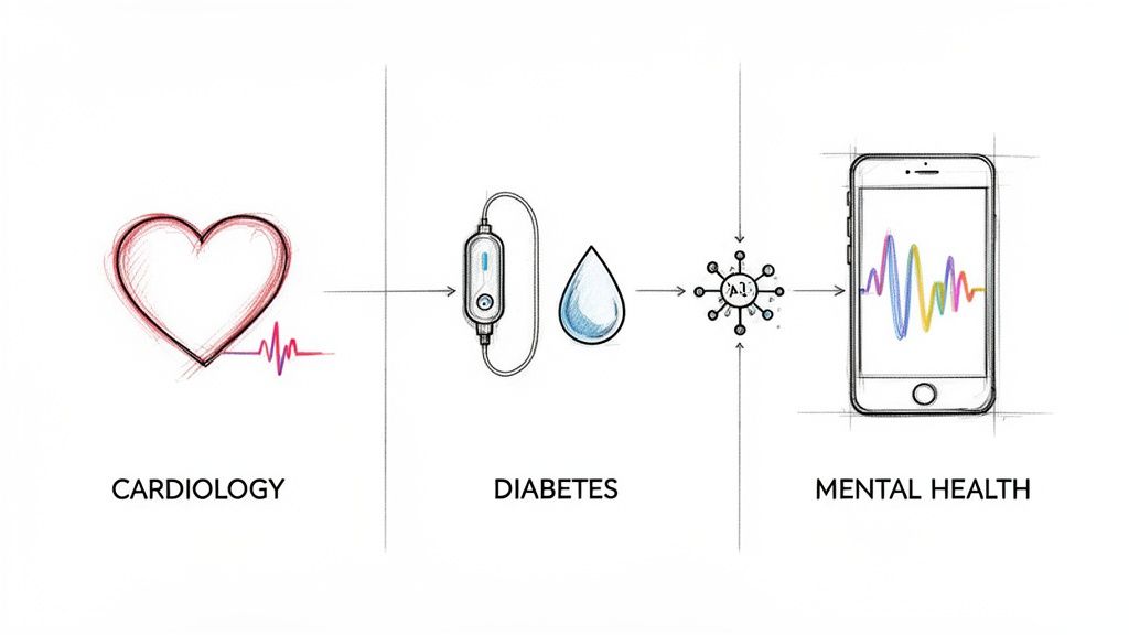 A diagram illustrating the integration of cardiology and diabetes data through AI for mental health monitoring.