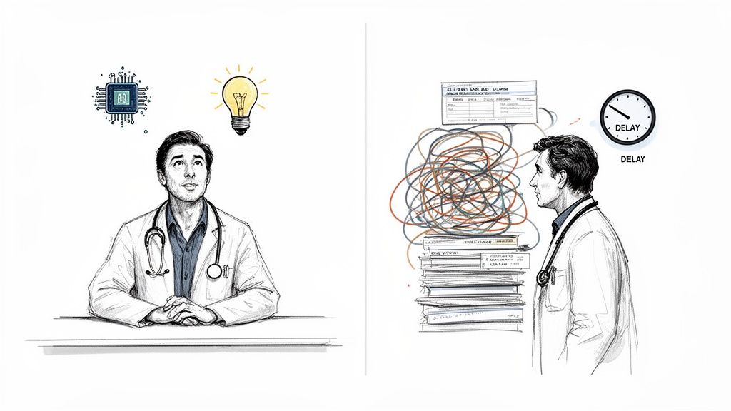A doctor envisions AI solutions and innovation, contrasting with another overwhelmed by paperwork and delays.