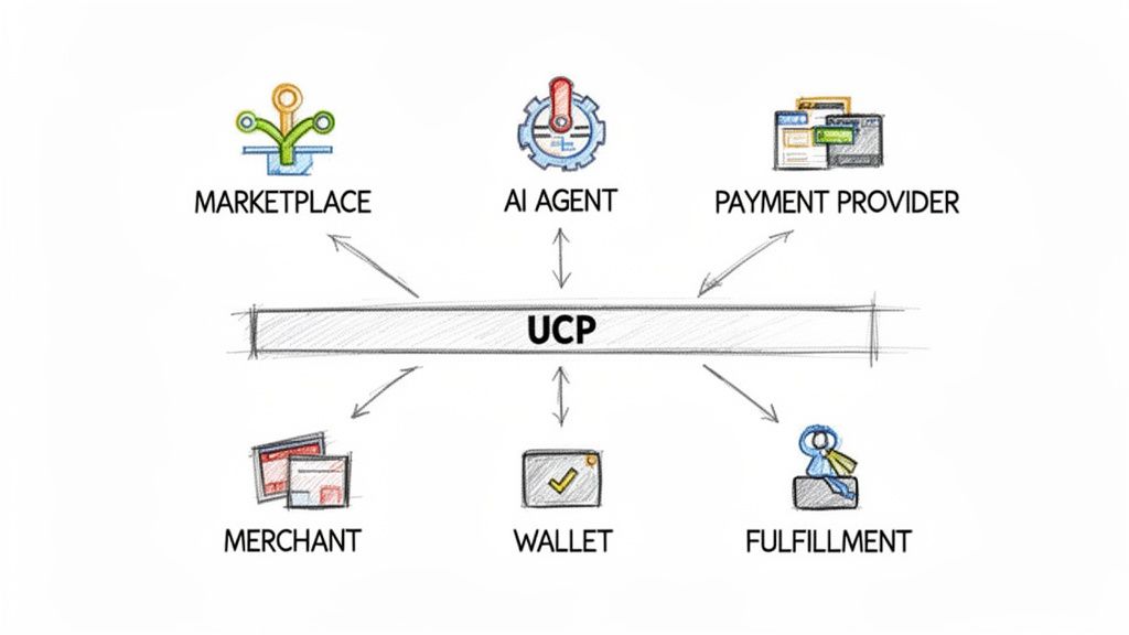 A diagram illustrating the Universal Commerce Protocol (UCP) connecting various components: Marketplace, AI Agent, Payment Provider, Merchant, Wallet, and Fulfillment.