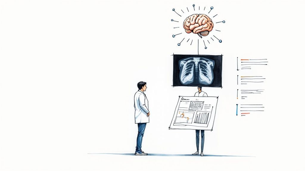 A medical professional consults AI-driven insights from X-rays and patient data for diagnosis.