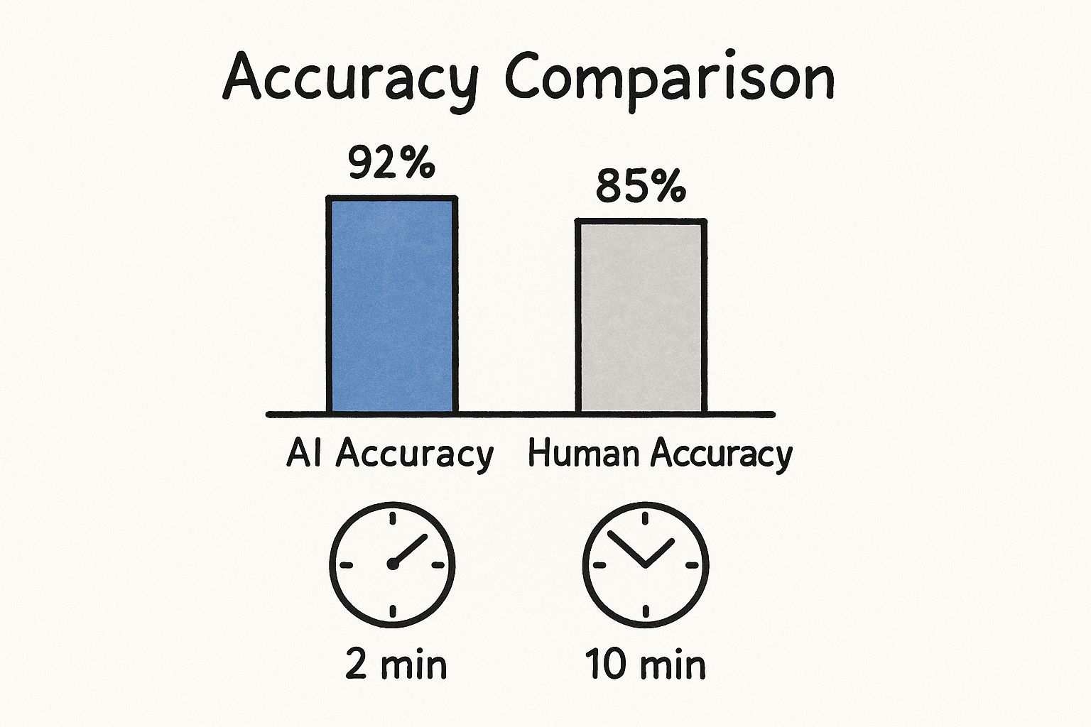 Infographic comparing AI and human accuracy and speed in medical diagnosis. It shows AI accuracy at 92% and human accuracy at 85%, and AI analysis time at 2 minutes versus human time at 10 minutes.