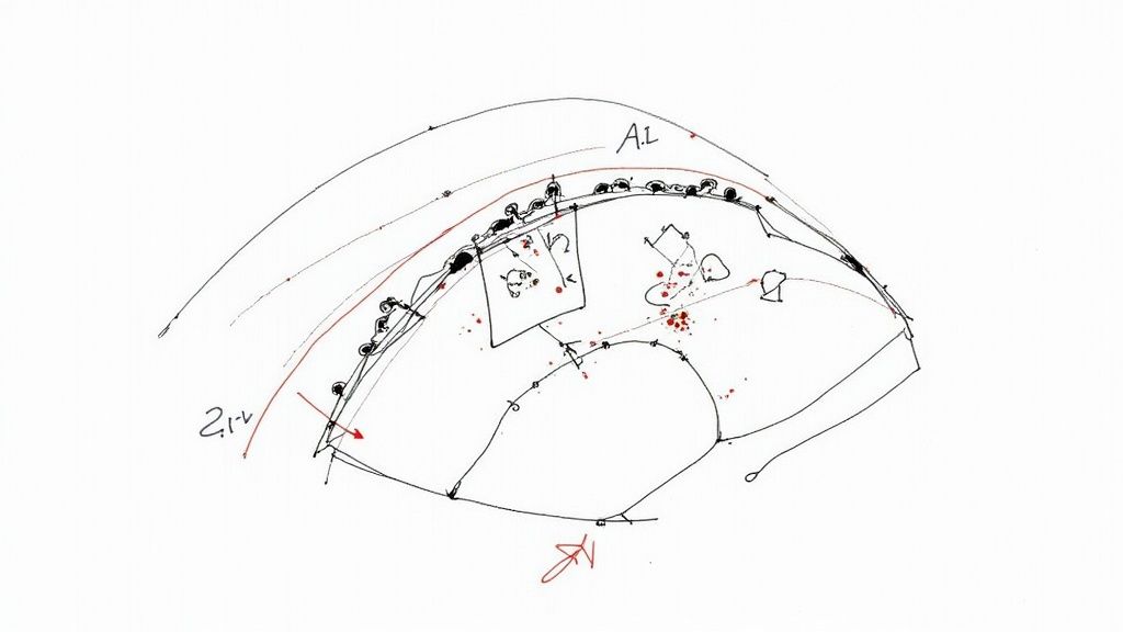 Hand-drawn conceptual diagram featuring curved lines, interconnected shapes, red dots, and annotations like 'A.L'.