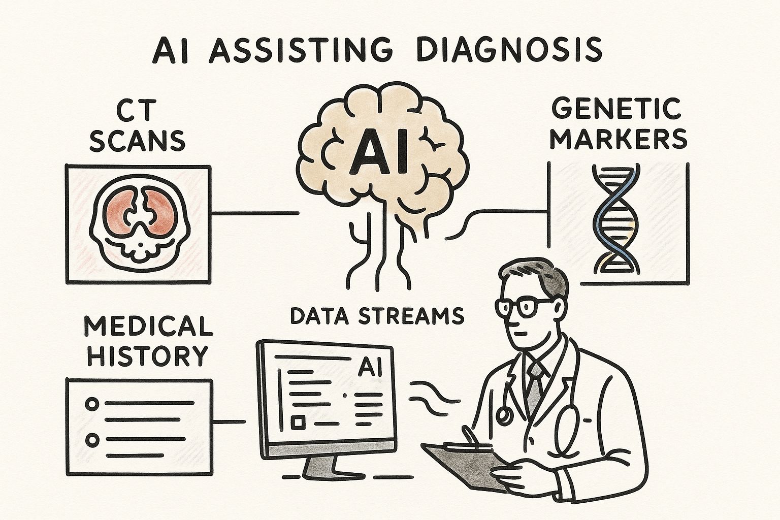 Infographic showing a doctor and AI analyzing CT scans, genetic markers, and medical history.