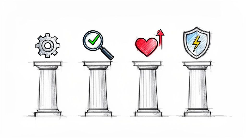 Four sketch-style pillars supporting icons representing settings, validation, improvement, and security concepts.