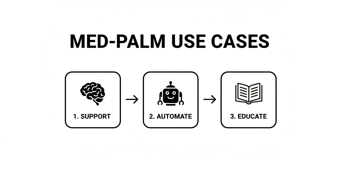 A clear diagram outlining three Med-PaLM use cases: support, automate, and educate, with relevant icons.