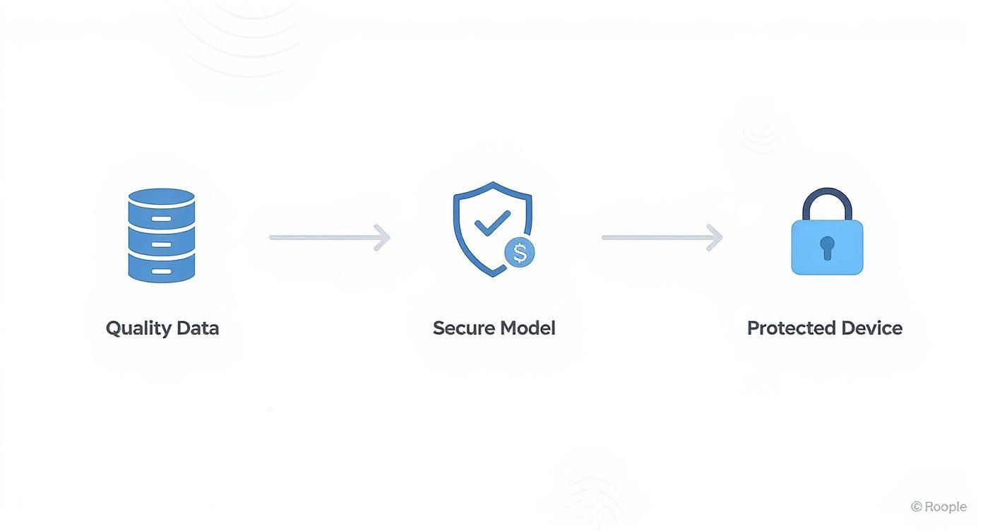 Diagram illustrating the process from quality data to a secure AI model, resulting in a protected device.