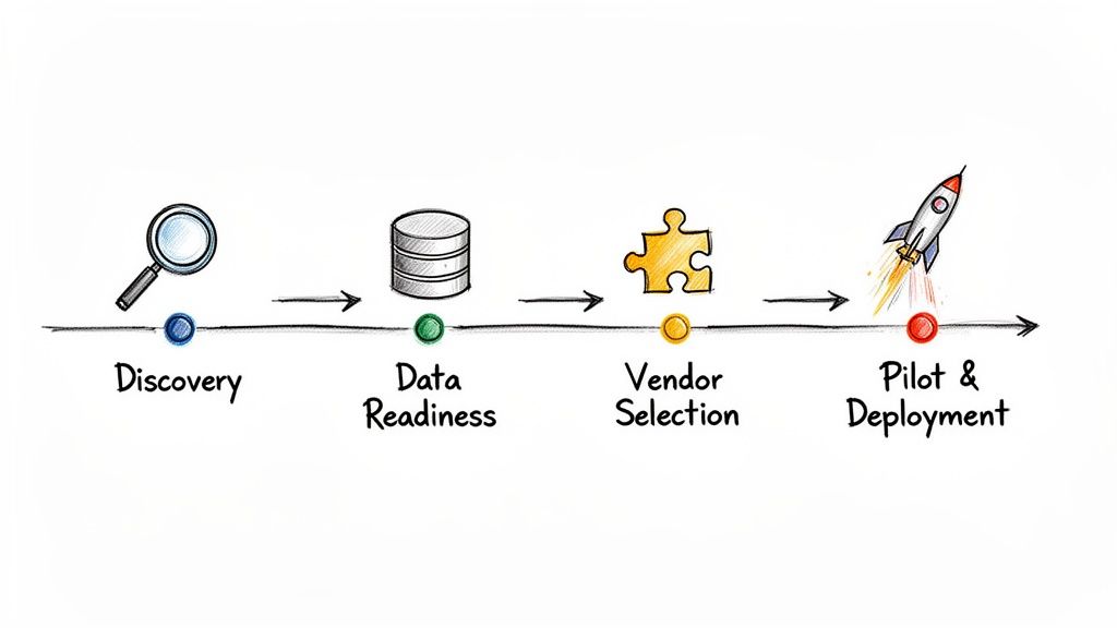 A four-stage process illustration with icons for Discovery, Data Readiness, Vendor Selection, and Pilot & Deployment.