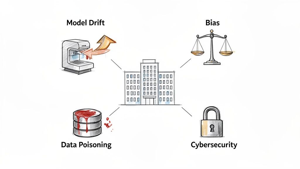 Diagram illustrating four key AI risks: model drift, bias, data poisoning, and cybersecurity, connected to a central building.